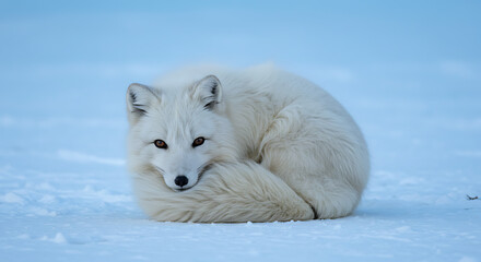 Obraz premium Adorable White Arctic Fox Curled Up Resting in Pristine Snowy Winter Landscape, Wild Nordic Wildlife Mammal