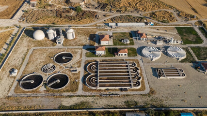 Aerial view of a city's wastewater treatment plant. Burdur, Turkey.