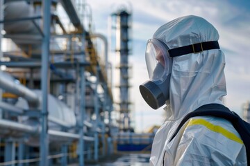Scientist wearing hazmat suit and gas mask inspecting industrial plant