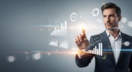 Suit wearing man uses advanced data interface, great for technology, business, innovation concepts in web design, blog articles, presentations.