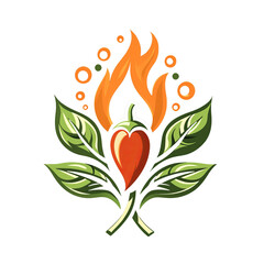 Spicy red chili pepper with orange flame and green leaves, vibrant botanical illustration with energetic mood