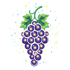 Sparkling purple grape cluster with green leaves glowing in magical night sky