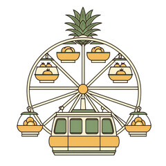 Pineapple themed Ferris wheel with yellow gondola and fruit cabins, cheerful summer carnival ride illustration