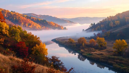 Fototapeta premium A quiet river winding through autumn-colored hills
