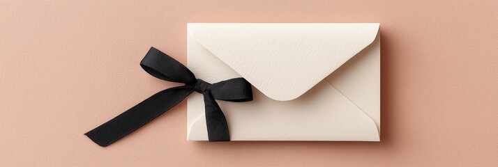 Condolence card with textured paper and black satin ribbon on dusty rose background, funeral concept, grief