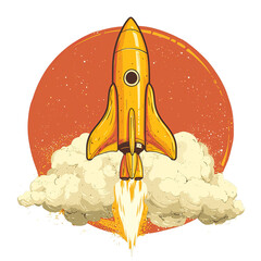 Yellow rocket launch with plume and cloud against orange circle backdrop excited retro space illustration