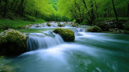 A serene mountain stream cascading over mossy rocks in a lush forest