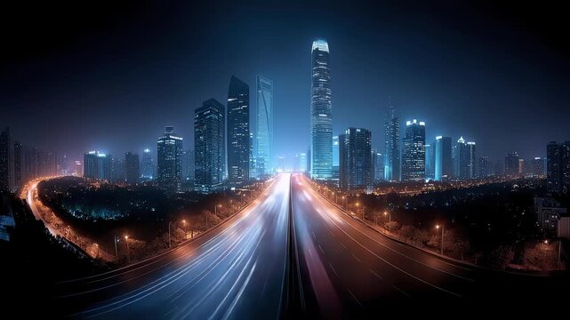 City Traffic Light Trails and Skyscrapers Intertwine at Night