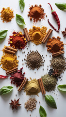 Fototapeta premium A circular arrangement of various spices and herbs on a white background