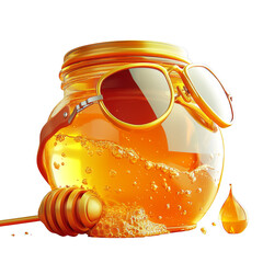 Honey jar with sunglasses and honey dipper, bright golden liquid, playful summer vibe, cheerful reflection, appetizing texture
