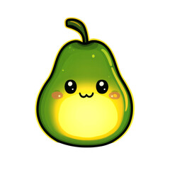 Cute kawaii avocado character with smiling face and glowing center, playful bright illustration