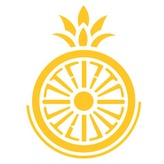 Golden circular emblem with stylized sunburst and crownlike leaves, vibrant and bold, evoking energy and royalty