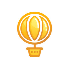 Golden hot air balloon icon with glossy panels and simple basket, cheerful travel symbol