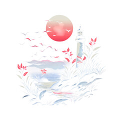 Serene lighthouse by coastal lagoon at sunset with birds and flowering grasses, dreamy pastel palette evokes calm