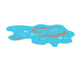 Flat vector illustration of a blue water puddle with brown mud stains and reflections. Simple minimal design for nature, weather, or environmental projects.