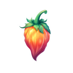 Vibrant orange fantasy fruit with green curled stem and glossy leaves, whimsical glowing texture and soft painterly shading