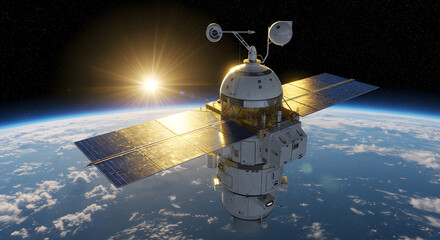 Advanced satellite orbits Earth, capturing stunning solar energy with expansive panels against starry backdrop