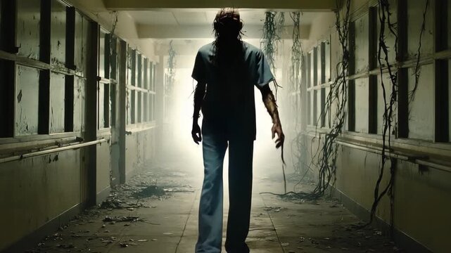 Low-angle tracking shot down a narrow asylum corridor, flickering lights glitch against peeling walls overtaken by dark, pulsing vines. A hunched ghostly figure with no face twitches