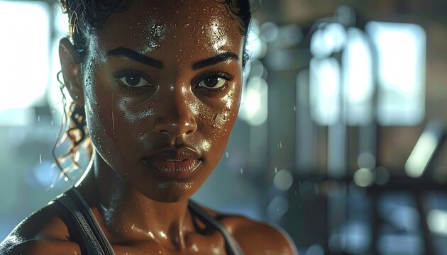 Close-up of a woman’s face working out in a gym