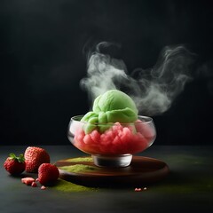 green and pink ice cream mockup with strawberries and mist