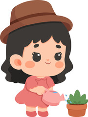 Illustration of Girl Watering Plant cartoon