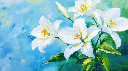 Fototapeta premium Elegant white lilies bloom against soft blue background, showcasing their delicate petals and vibrant yellow stamens, evoking sense of tranquility