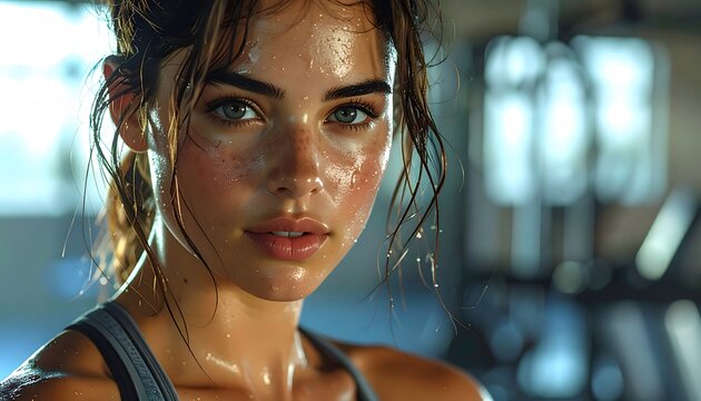 Close-up of a woman&rsquo;s face working out in a gym