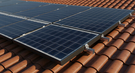 Modern solar panels installed on terracotta roof tiles harnessing clean energy for sustainable living.