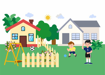 ector illustration of a younger brother and older sister playing with a ball in the backyard between houses, with fence, swing, flowers, and trees. Cute family outdoor activity scene.