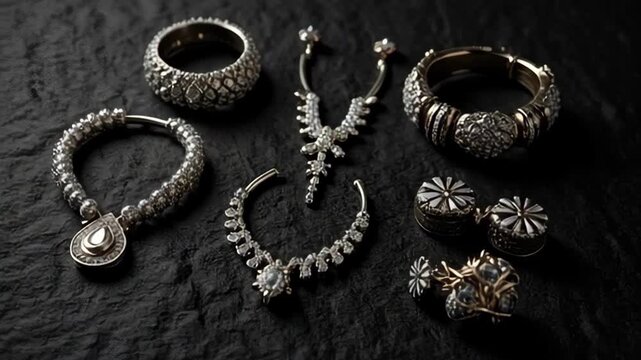 Exquisite collection of ornate silver and diamond jewelry displayed on a dark, textured surface.