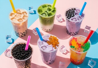 A vibrant assortment of bubble tea flavors with colorful straws and boba on a modern pink and blue background.