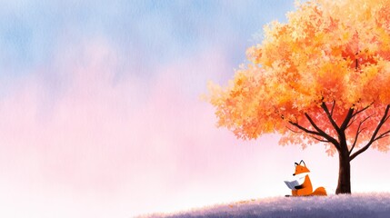A serene fox reading a book under a vibrant autumn tree against a pastel sky backdrop