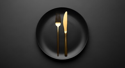 Elegant Black Plate with Gold Utensils.