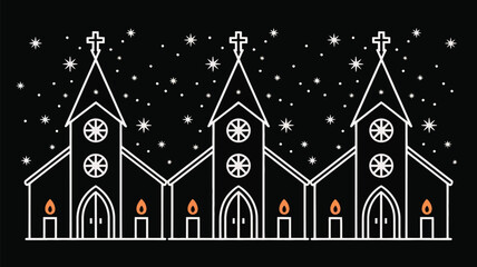 Fototapeta premium Three churches outlined in white with crosses and stars in a black background with lit candles below