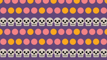 Repeating skulls and polka dots pattern in pink orange and white on a purple background design element