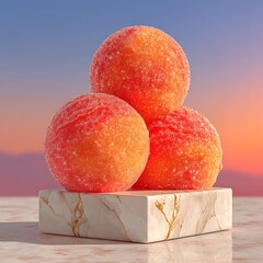 Peach Dessert Mockup with Sugar Coated Balls on Marble Pedestal
