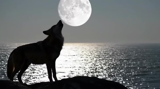 Dramatic silhouette of wolf howling at full moon over sea, majestic and symbolic. Nature, wildlife, and moonlight themes.