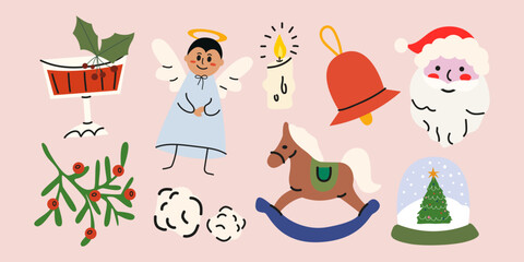 Cute Christmas stickers collection with Santa, angel, cocktail, candle, snowballs, branch and Christmas decorations. Winter vector hand drawn festive elements in cartoon groovy style
