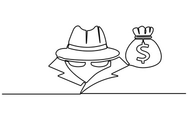 Hacker One line drawing of anonymous face character. Portrait close up of a criminal with single continuous lineart isolated on white background.