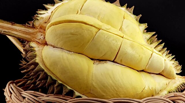 Ripe Durian Fruit on Black Background.
