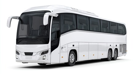 White tour bus, full-frontal view, isolated on white