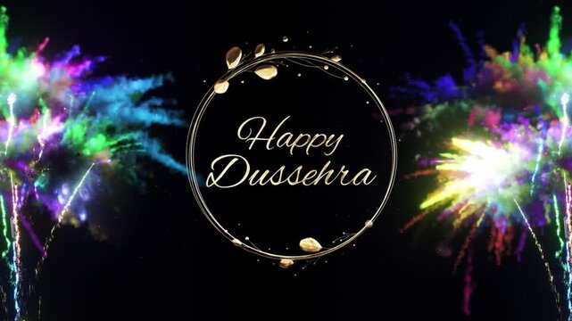 Elegant Happy Dussehra typography animation in shining gold with alpha channel. Ideal for overlays, festive greetings, and cultural videos.