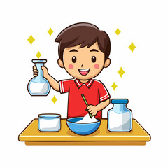 Cartoon boy in a red polo shirt, happily mixing ingredients in a bowl for baking.