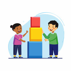 Obraz premium Two children building a tower of colorful blocks together, showing teamwork and joy.