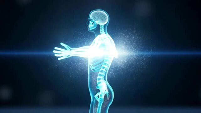 Glowing translucent skeleton and brain with arms outstretched, with a bright light in the heart area, symbolizing health and energy.

