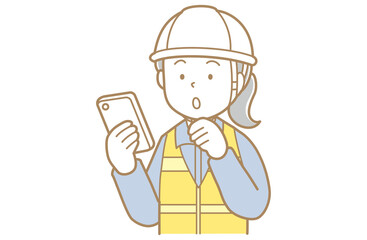 スマートフォンの画面を見る作業着にヘルメット安全ベストの女性のイラスト