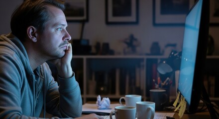 Tired man working late at night in home office, illuminated by computer screen glow, cups of coffee showing stress and overwork.