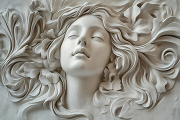 Fototapeta premium A white bas-relief showing a woman's face with flowers and flowing hair, generative AI technology