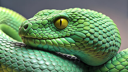 Emerald viper head detailed scales yellow eye green pit viper snake