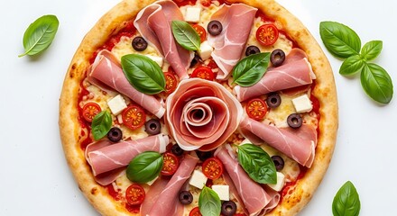 Deliciously Designed Rose Pizza with Ham and Olives.